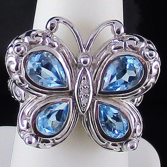 Swiss Blue Topaz & Diamond Butterfly Ring - Picture 6 of 8